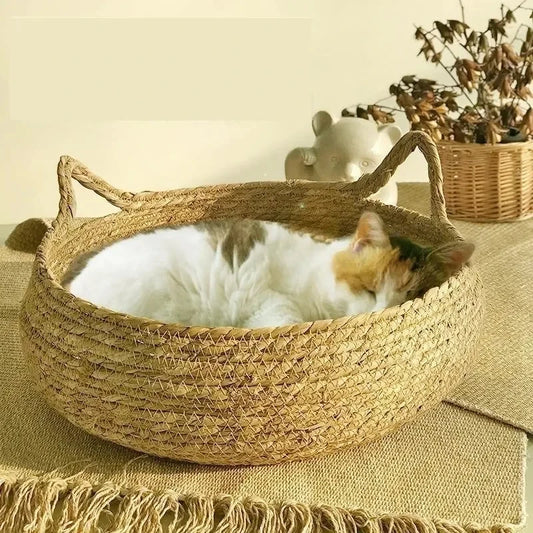 Hand-Woven Rattan Cat Bed with Removable Cushion