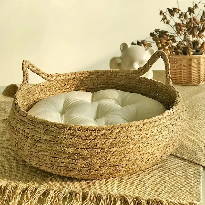 Hand-Woven Rattan Cat Bed with Removable Cushion
