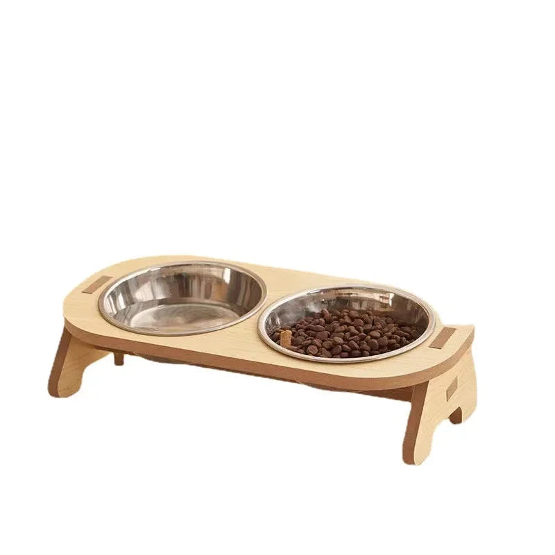 Cat & Kitten Double Bowl Set – No-Spill Design with Wooden Stand