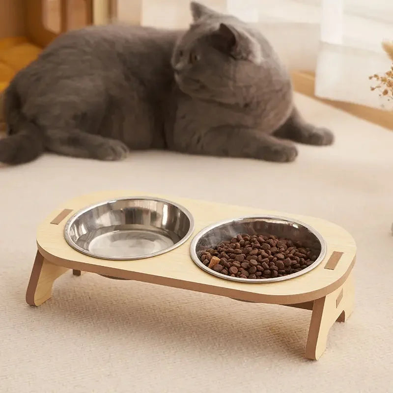 Cat & Kitten Double Bowl Set – No-Spill Design with Wooden Stand