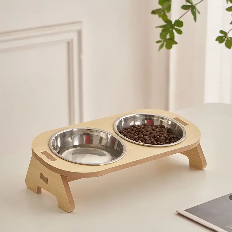 Cat & Kitten Double Bowl Set – No-Spill Design with Wooden Stand
