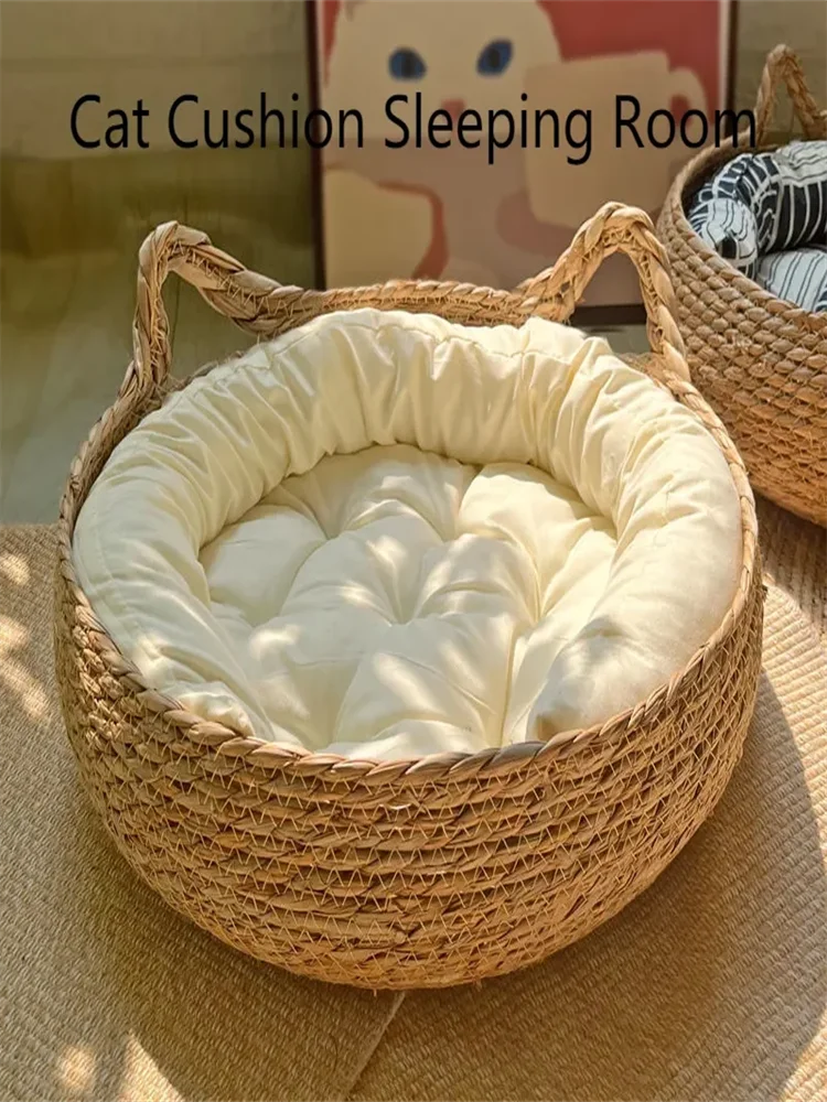 Hand-Woven Rattan Cat Bed with Removable Cushion