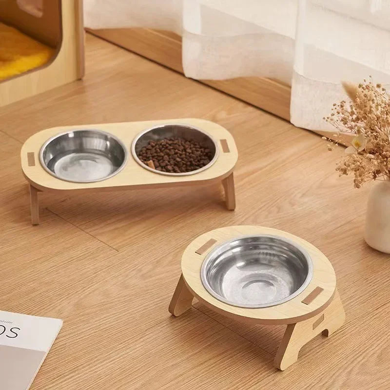Cat & Kitten Double Bowl Set – No-Spill Design with Wooden Stand