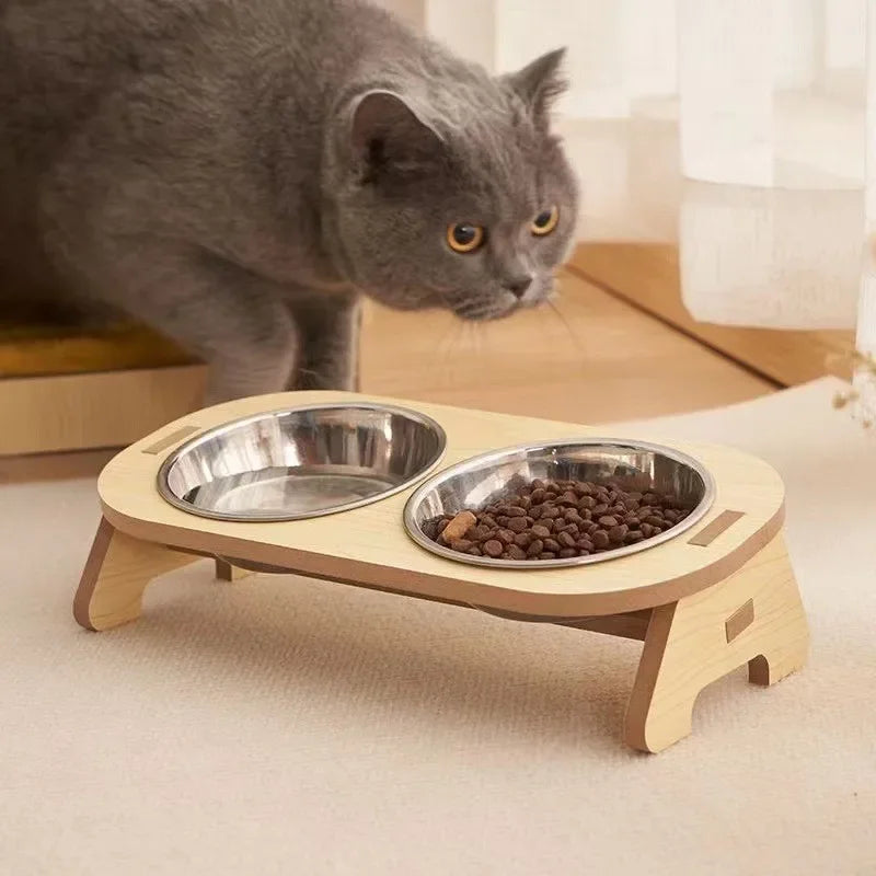 Cat & Kitten Double Bowl Set – No-Spill Design with Wooden Stand